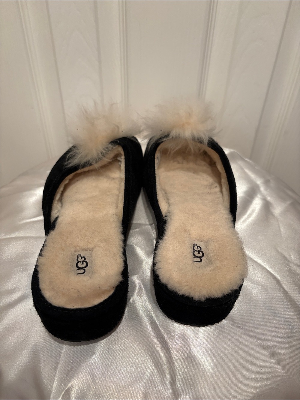 UGG Black Suede Women's Slip-On Slippers with Cream Shearling Pom - Picture 4 of 5
